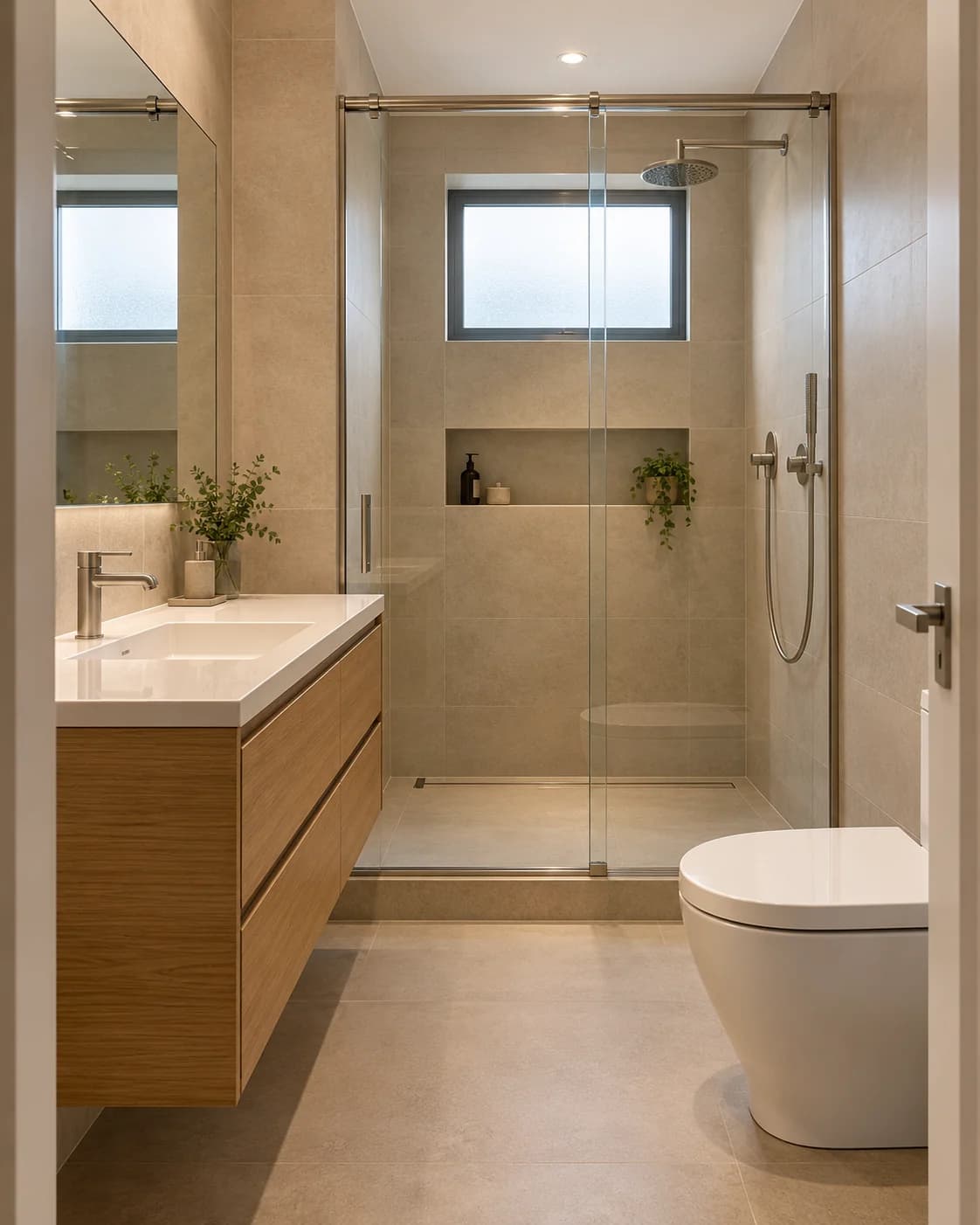 Banheiro em tons de areia, com bancada branca, gabinete de madeira e box de vidro.