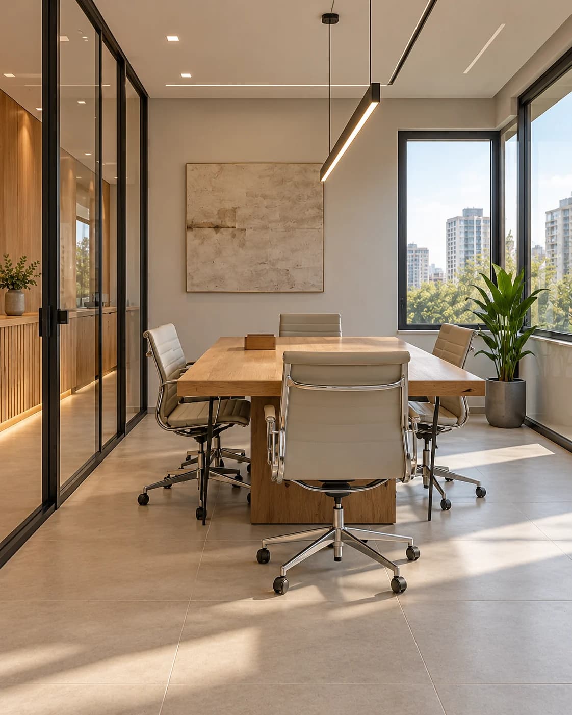 Sala de reunião delimitada por divisórias de vidro.