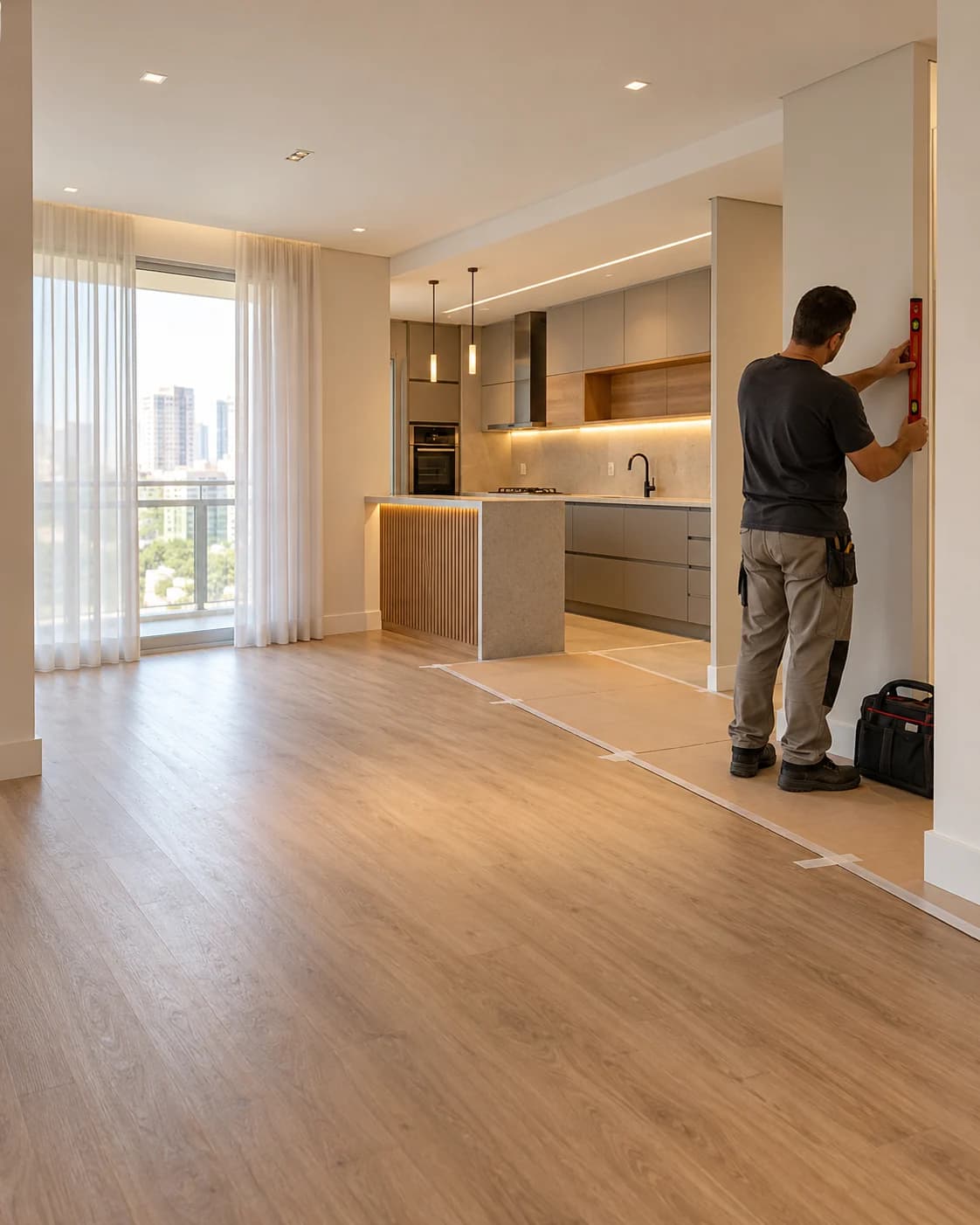 Apartamento em fase de acabamento, com profissional conferindo o alinhamento de uma parede.